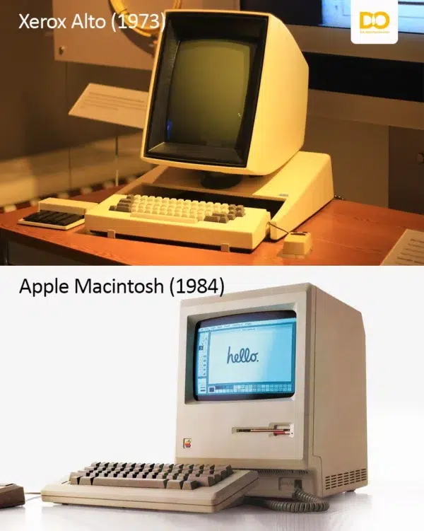 The 1973 Xerox Alto above the 1984 Apple Macintosh with the hello screen