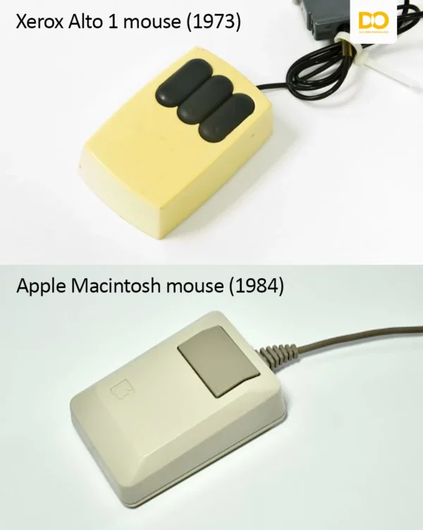 Comparison between the Xerox Alto mouse (1973) and the Apple Macintosh mouse (1984)
