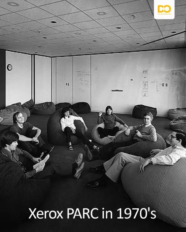 Xerox PARC researchers in an informal beanbag meeting in the 1970s