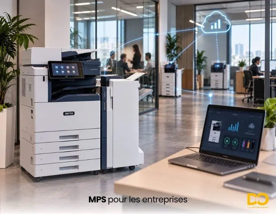 Imprimante multifonction A3 Xerox dans un environnement de bureau, connectée à un tableau de bord Managed Print Services pour la gestion centralisée du parc.
