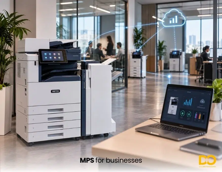 Xerox A3 multifunction printer in an office environment, connected to a Managed Print Services dashboard for centralized print fleet management.