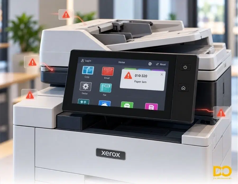 Xerox multifunctionele printer met foutcode 010-320 voor een papierstoring op het touchscreen